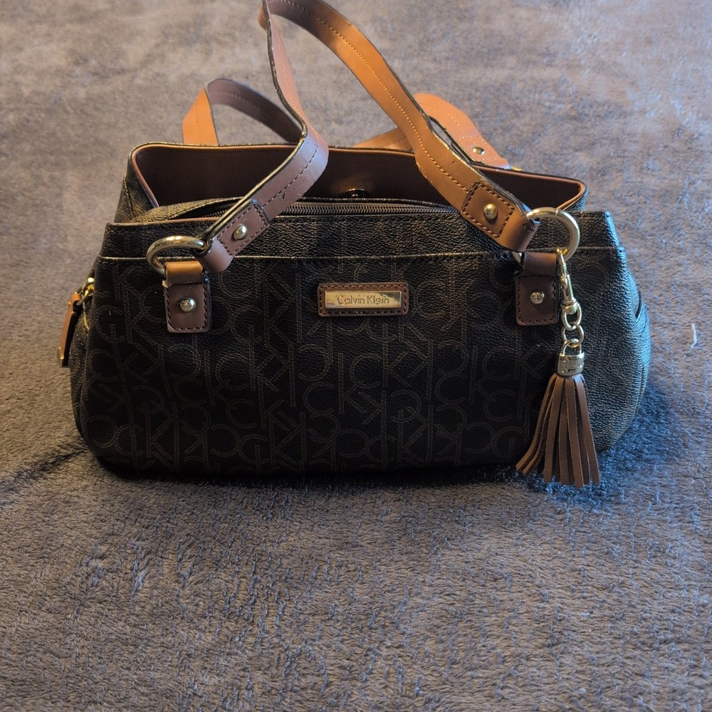 Calvin Klein Monogram Logo Shoulder Bag Brown Tan Tassel Satchel Handbag